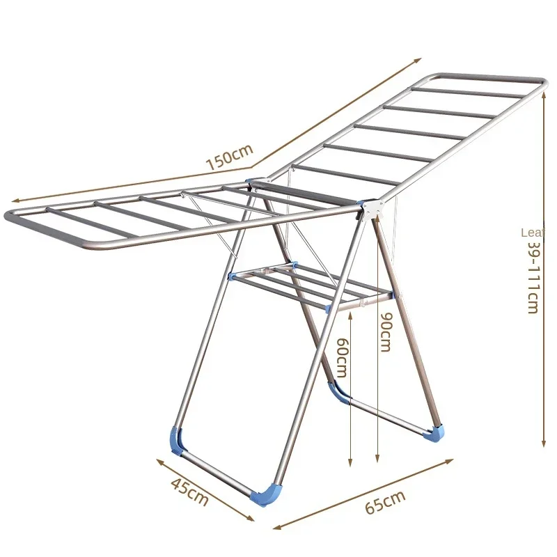 New Large Stainless Steel Clothes Hanger Floor Folding Bedroom Balcony Clothes Hanger Household Baby Clothes Hanger Quilt Drying