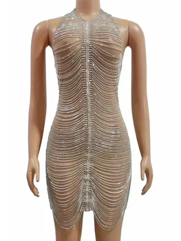 반짝이는 라인스톤 체인 바디콘 짧은 원피스, 섹시한 메쉬, 투명한 생일 저녁 축하, 원피스 무대 착용, 여름