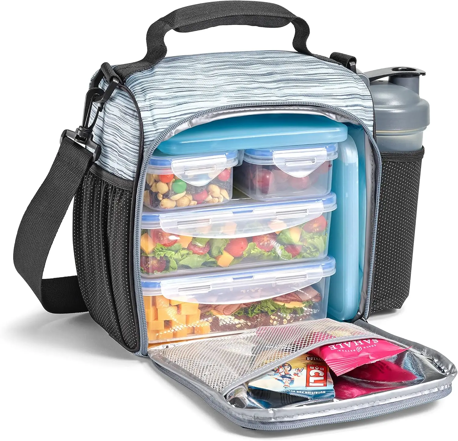 

JAXX, 9pc Meal Prep Lunch Bag, Gray, Unisex, Polyester, Large Capacity, Insulated, With Containers, Ice Packs, Shaker Bottle