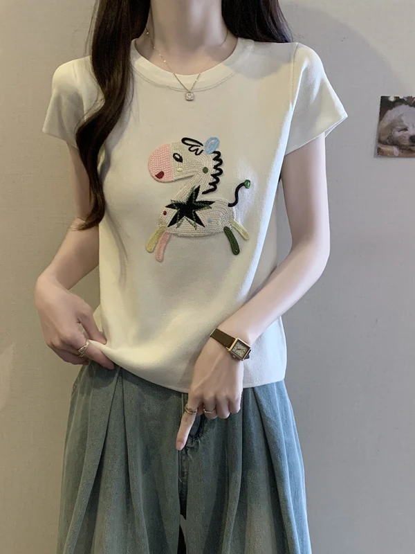 

plus Size Slim Fit Short Sleeve T-Shirt Women's Summer New Style Base Layer Top Pattern Korean Style Commute Wind