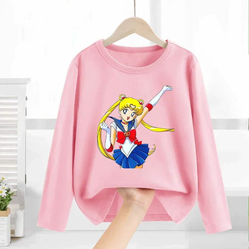 Sailor Moons Girl Kids Pink Long Sleeve Sweatshirt Thin Clothes Childern Anime Cartoon Print O Neck Tops Christmas Birthday Gift