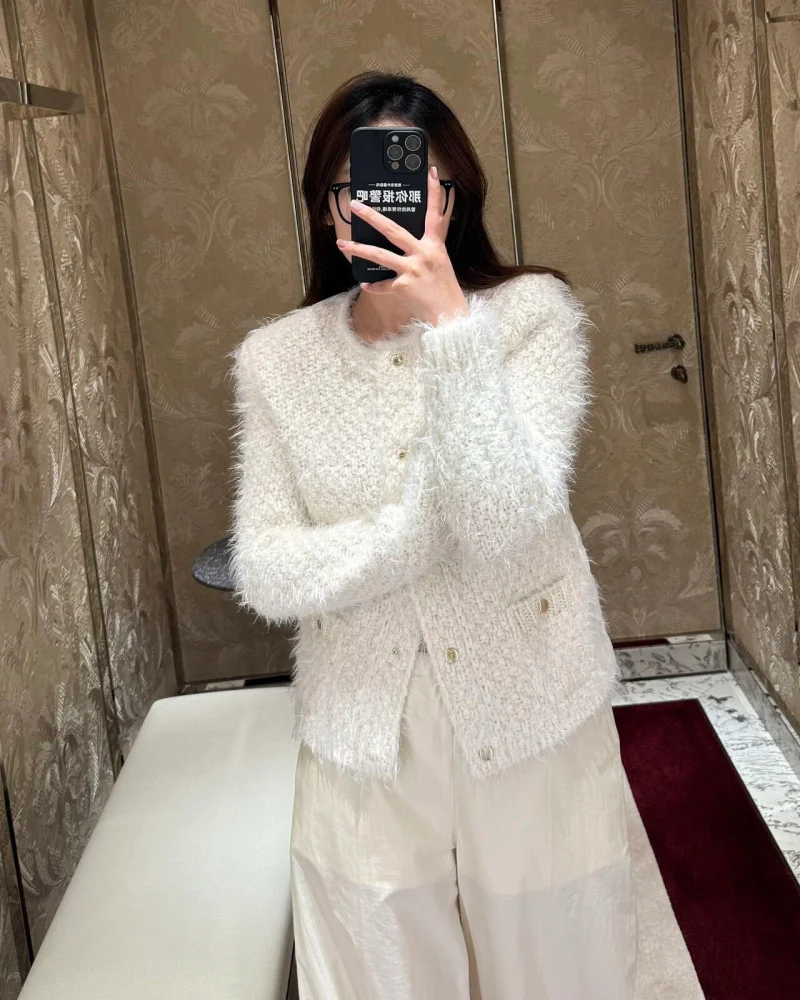 Women Autumn Winter Solid Knitted Spliced O-neck White Goose Down Puffer Cardigan Trendy Casual Thick Female Clothes