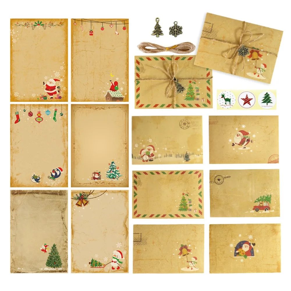 1 Set Vintage Christmas Kraft Letter Paper Santa Claus Snowman Letter Pad Gift Envelopes Xmas Party DIY Invitation Greeting Card