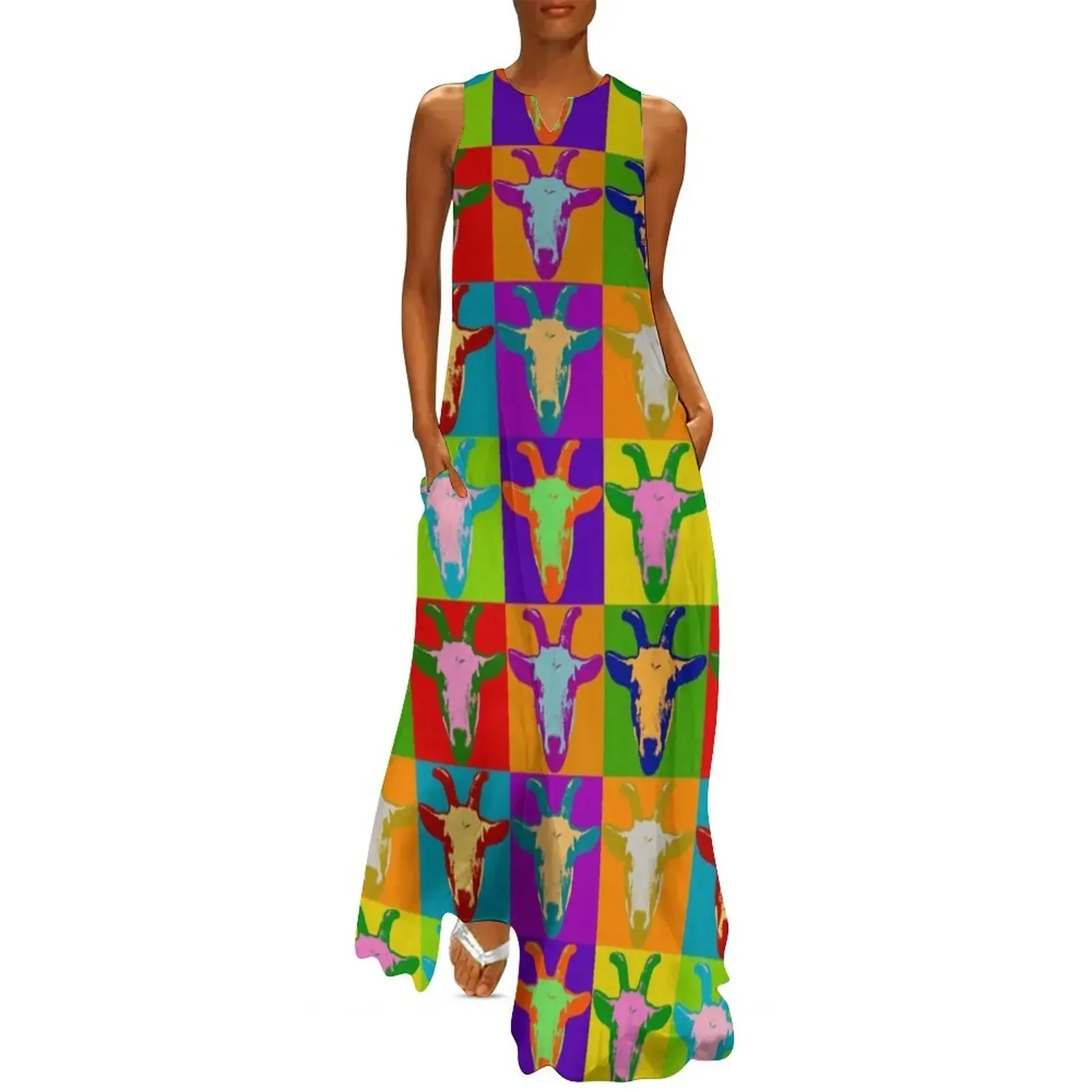 

Goat Pop Art Graphic BIlly Goat Bright Color Retro Long Dress women long dresses Dress