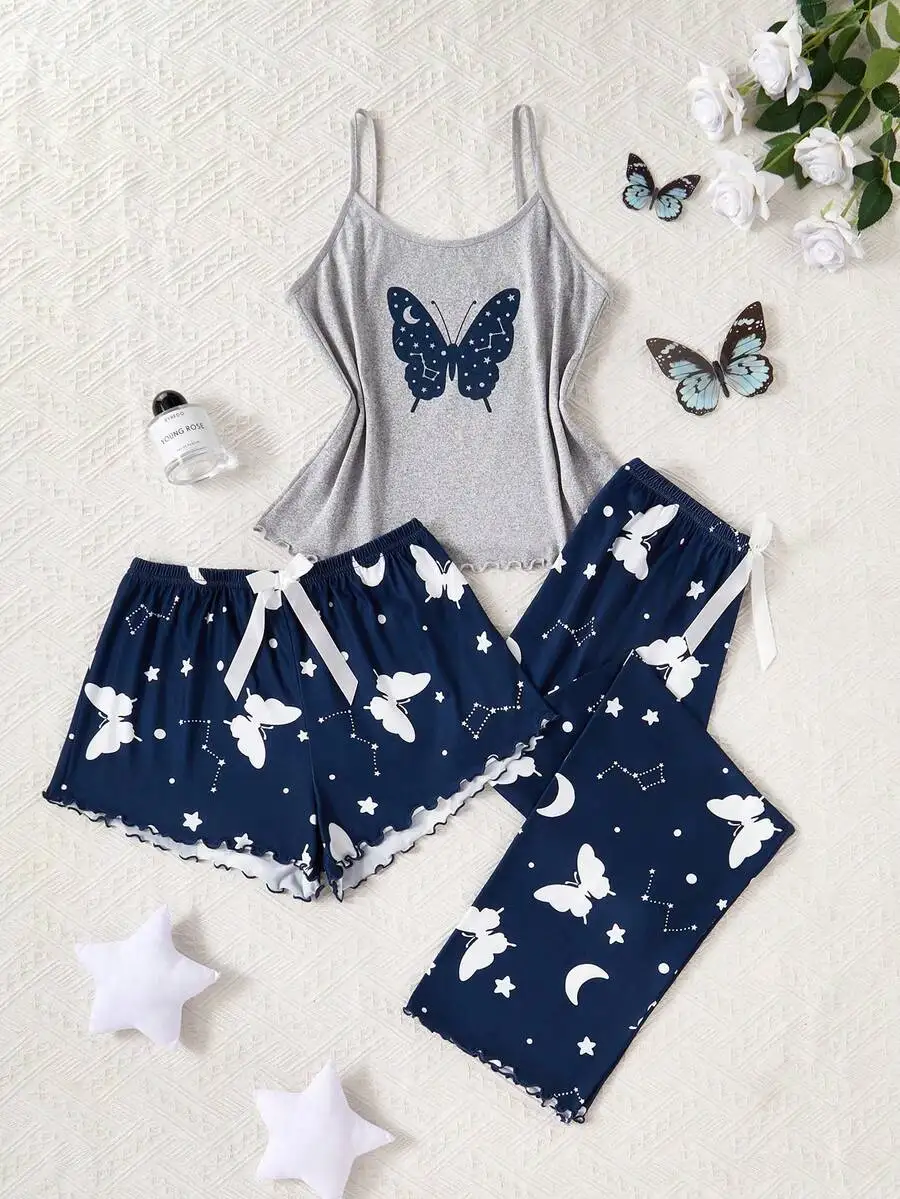 

Women 3-Piece Butterfly And Galaxy Print Pajama Set Sleepwear Summer