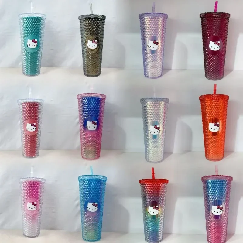 

710Ml Kawaii Hello Kitty Diamond Cup Set Cute Checkered Straw Direct Drinking Cup Single Layer Women Kitty Cups Water Bottle