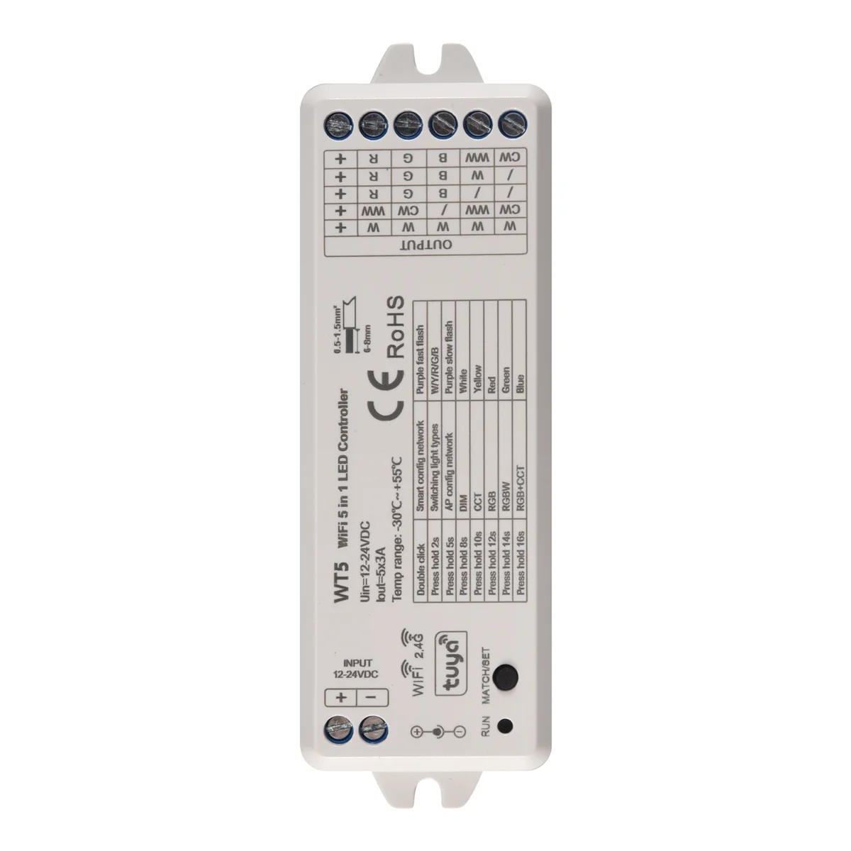 

Новый светодиодный контроллер Tuya 5 в 1, диммер CCT RGB RGBW RGBWW RGBCCT Strip Smart Life Wi-Fi 2,4G RF пульт дистанционного управления 12-24 В WT5