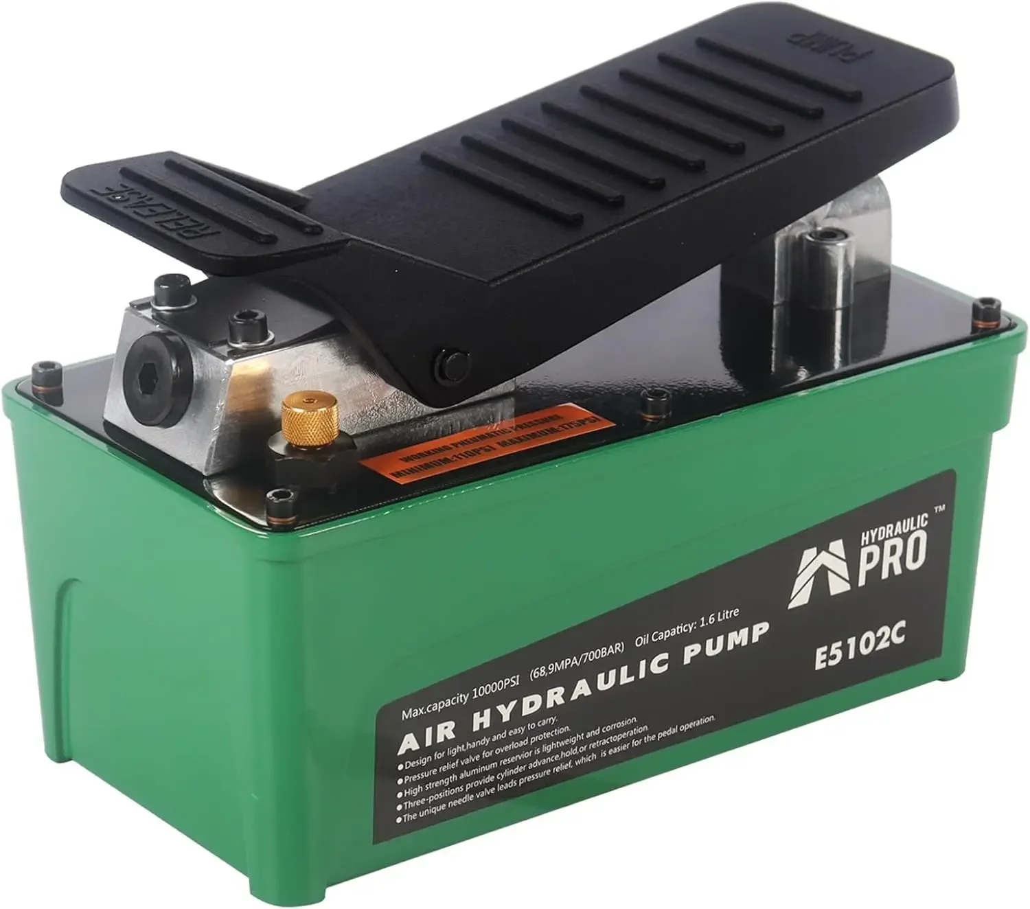 

10,000 PSI Air Hydraulic Pump, 1.6L Reservoir, NPT 3/8" Oil Outlet, NPT 1/4" Inlet, Foot Pedal Operated, for Auto Body Frame Mac