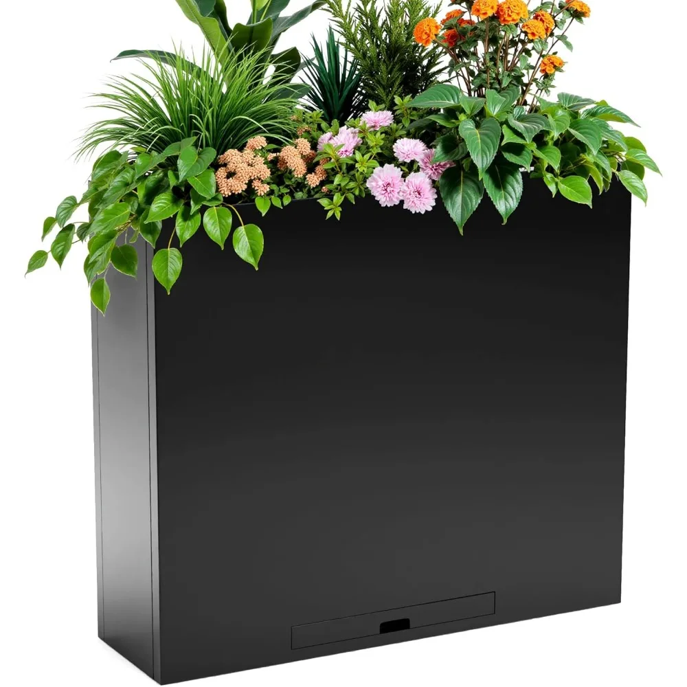 

Galvanized Steel Planter Box, with Insert Tray Drainage Holes, Rectangular Black Powder Coated Metal Planter, Outdoor Use, H