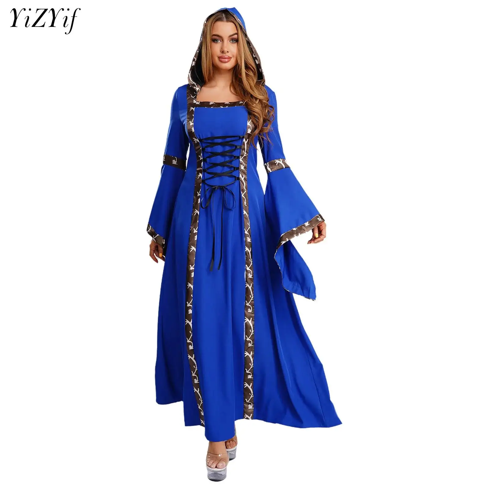 Women Halloween Medieval Renaissance Victorian Vampire Witch Cosplay Costume Long Sleeve Lace-up Hooded Gothic Dress Retro Gown