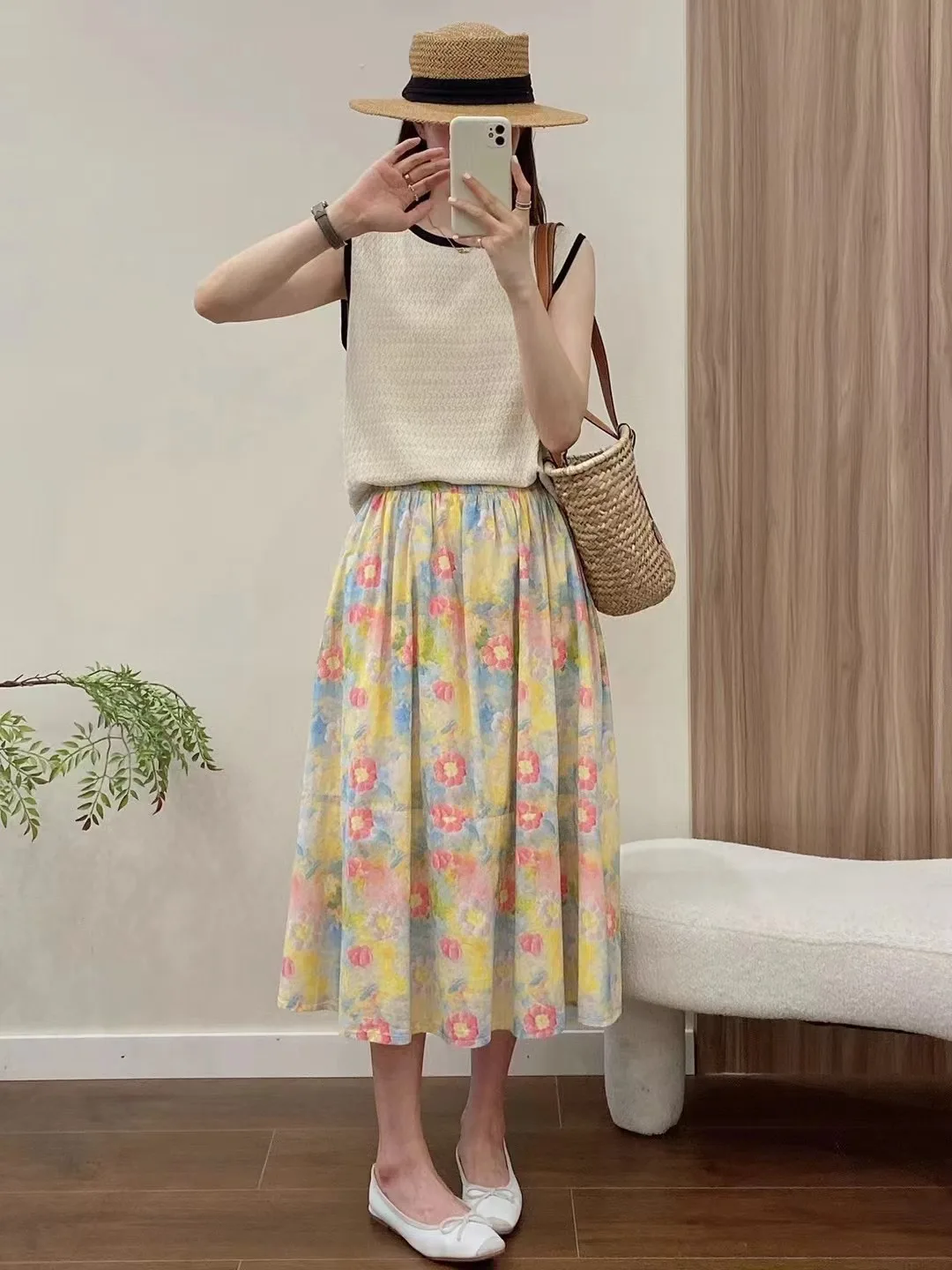 New Spring Cotton Flower Printed Skirt Women Elastic Waist Fashion Skirt Girl Appear Thin Literature Skirt 2024 Summer B44377QC