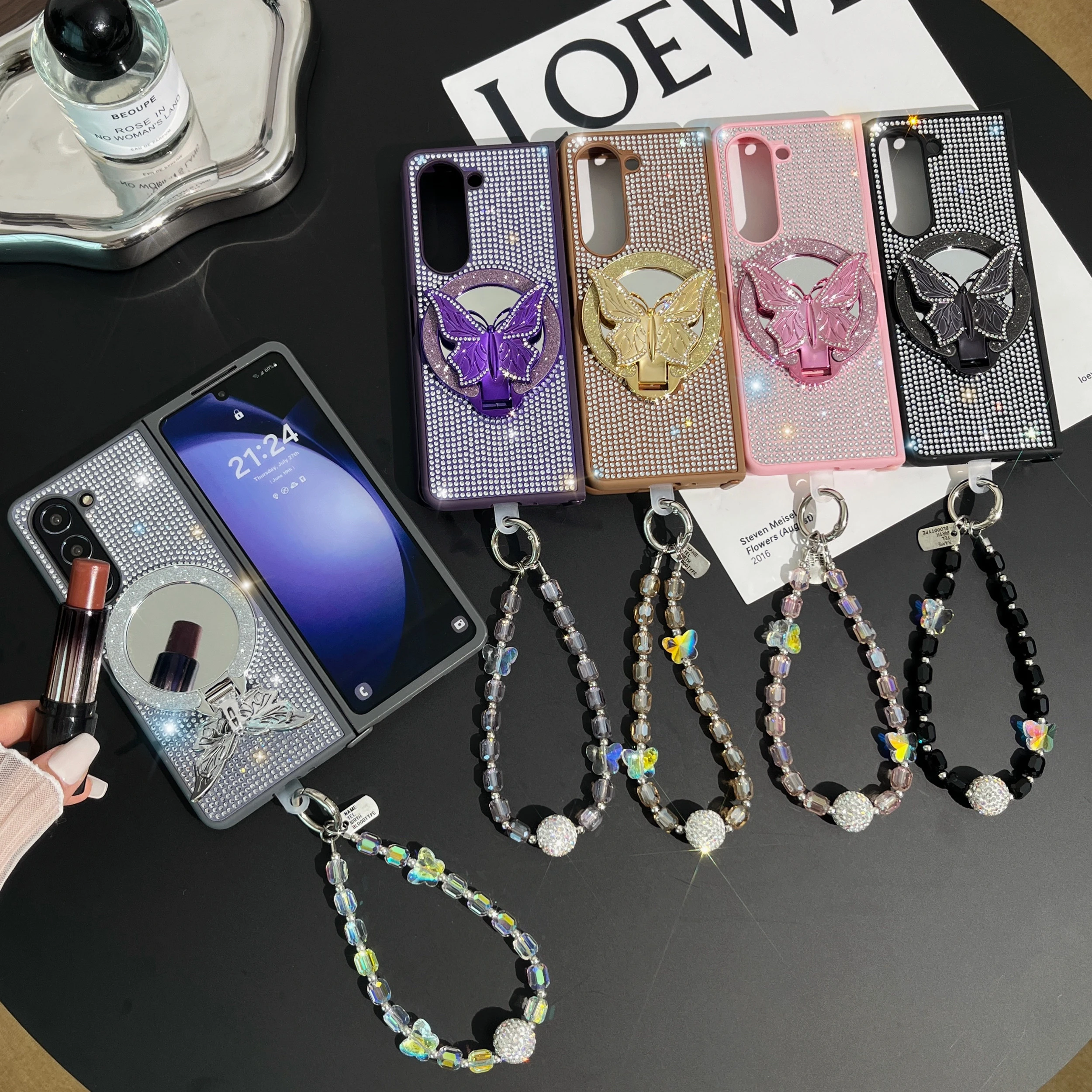 

Luxury Unique Bling Butterfly Mirror Holder Diamond Pearl Strap Wrist Phone Case Cover For Samsung Galaxy Z FOLD 7 6 5 4 3 5G