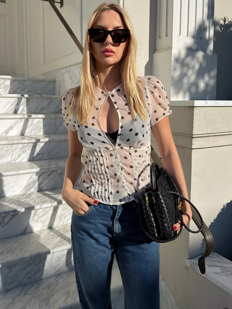 Trendix Lace See Through Blouse For Women Summer Sexy Hollow Out Print Short Sleeve Cardigan Tops Party Sheer Beach Casual Top