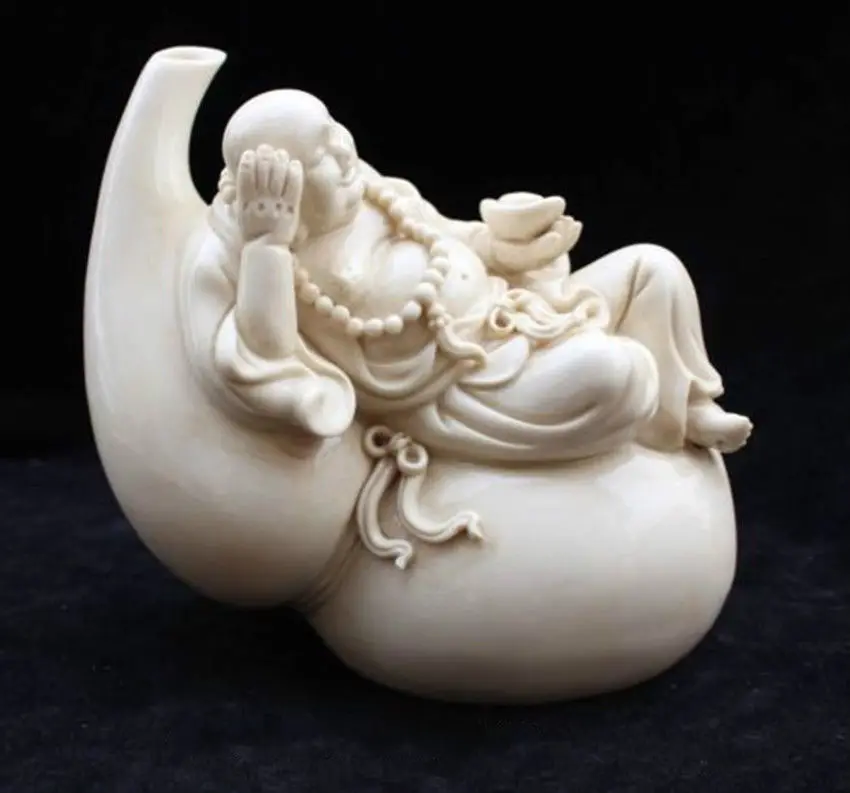 

8"China Dehua Porcelain Happy Laugh Maitreya Buddha Hold Yuanbao cucurbit Statue