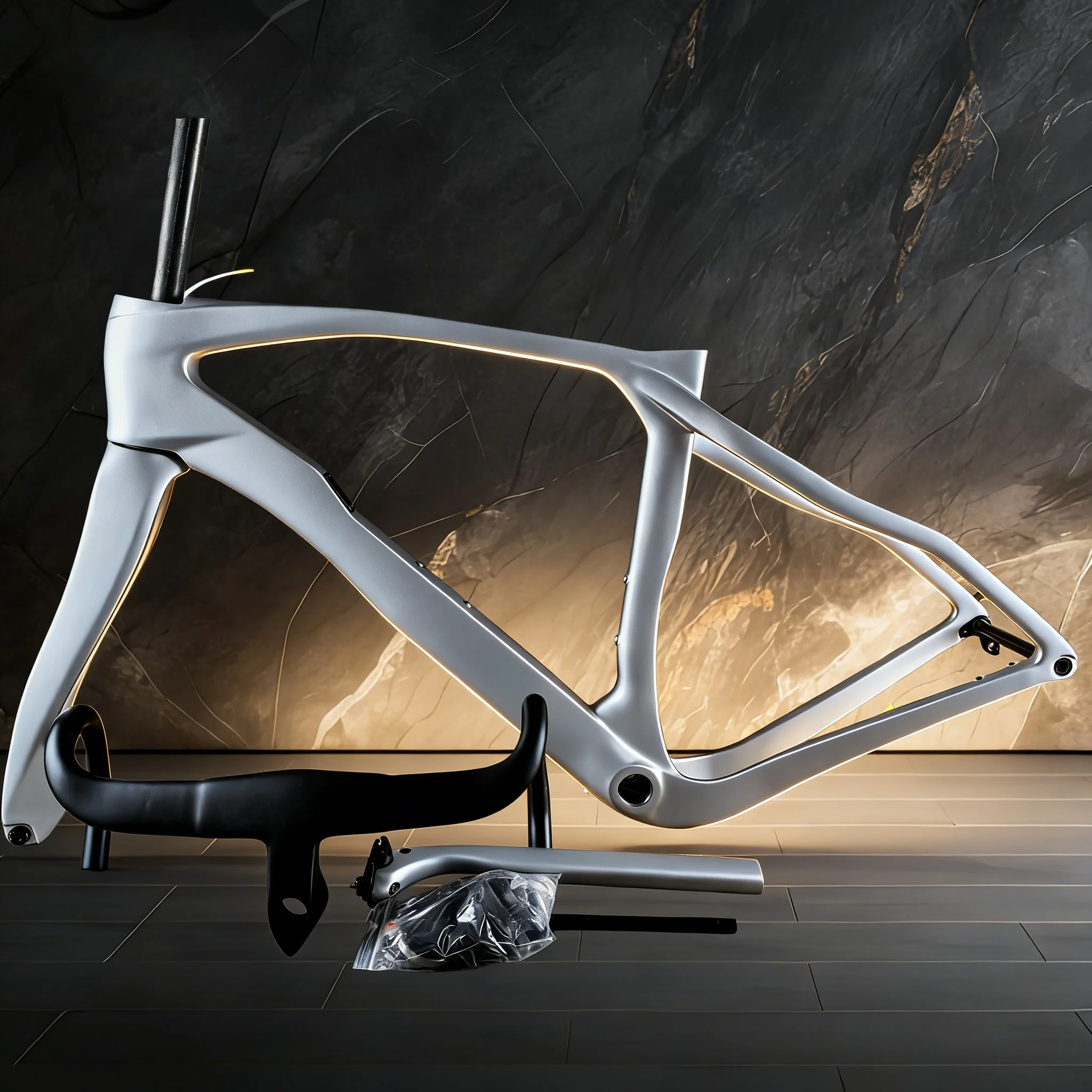 

Gravel carbon fiber bicycle frame, BB68 disc brakes, Grevil bicycle frameset with fully internal cable routing, white.