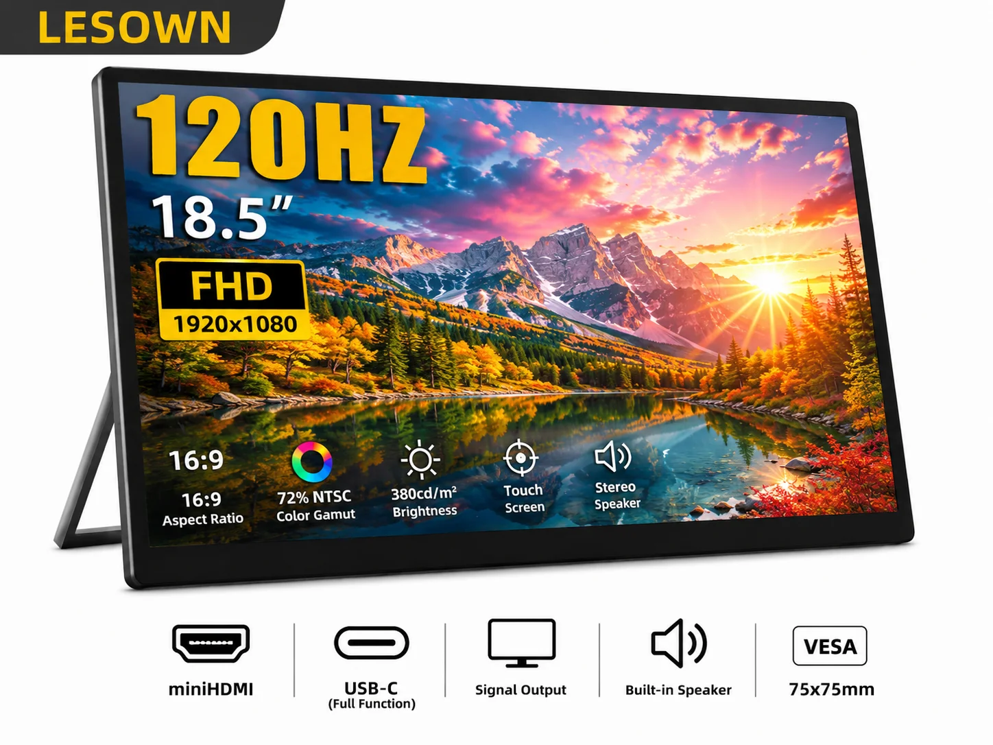 

LESOWN 18.5" FHD Extended Dual Monitor Driver-Free Mini HD VESA75 Stand Instant Connection Portable Second Screen for MacBook