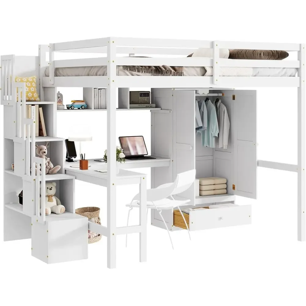All-in-One Wooden Loft Bed with Desk and Wardrobe, 400lbs Capacity, Space-Saving Study and Sleep Solution, White