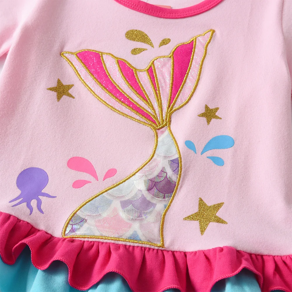 Mädchen Meerjungfrauen-Outfit-Set: Kinder Rüschen-Kurzarm-Baumwoll-Freizeit-Tops und Polyester-Shorts, 2-teiliges Set – Detail 6