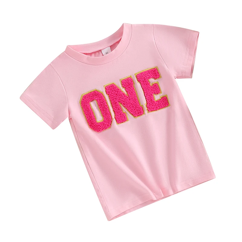 Girls Summer Casual T-shirt Pink Short Sleeve Round Neck Letter Embroidery Tops