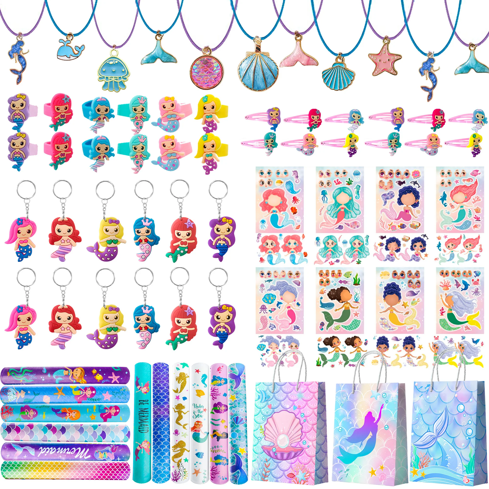 84pcs Mermaid Party Favors for Boys and Girls with Mermaid Birthday Rings Keychain Slap Bracelets Bags Hair Clips Necklace etc