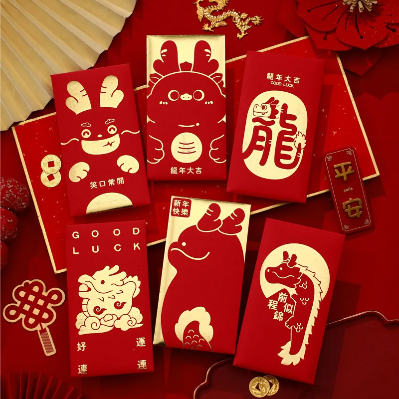 6Pcs Cute Dragon Year Hongbao Chinese Spring Festival Red Envelope 2024 New Year Red Packet Lucky Money Packets Cartoon Gift Bag