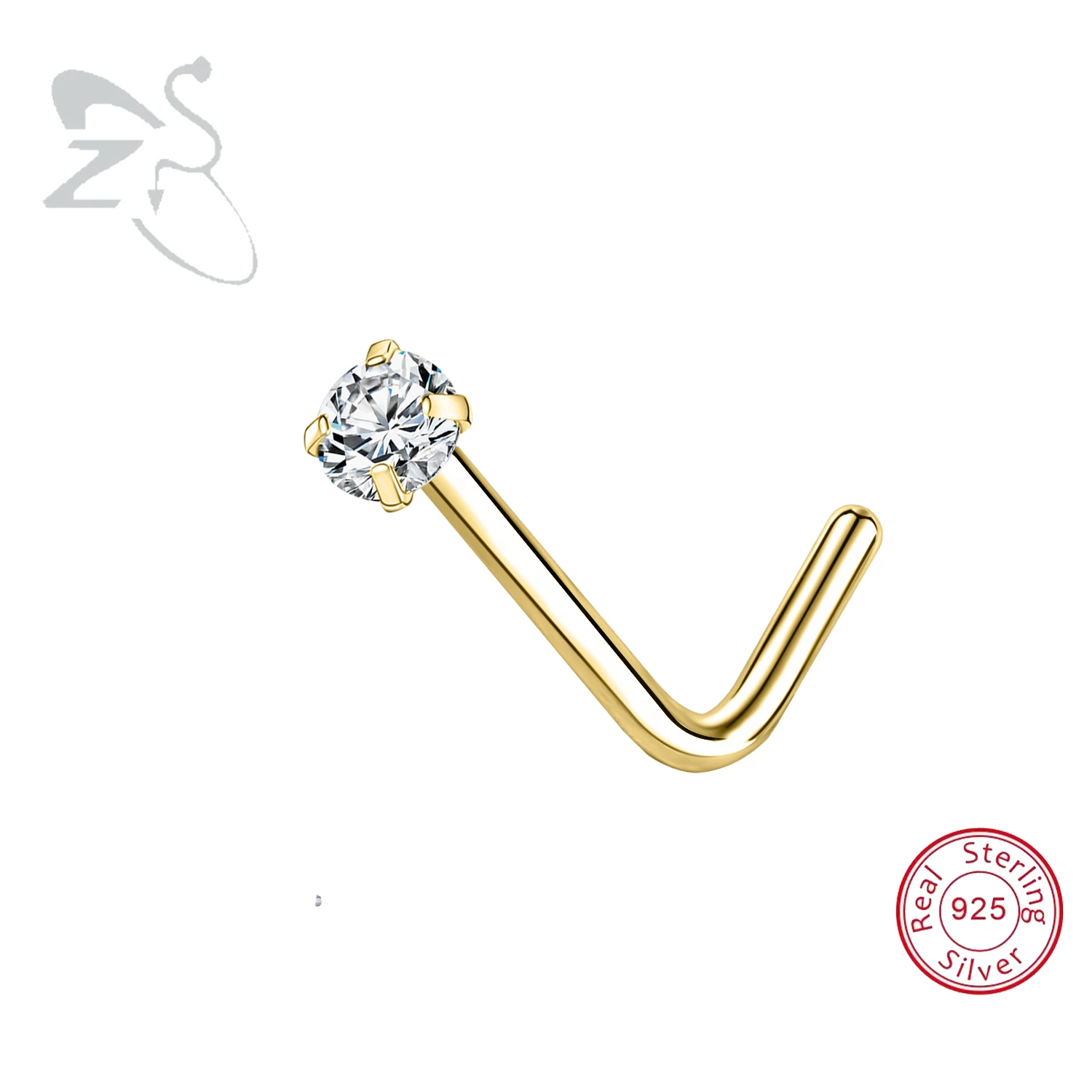 ZS 1 pieza 18/20G 925 plata esterlina nariz Stud Color dorado cristal nariz Piercings tornillo en forma de L retenedor nariz Piercing 2-3,5mm