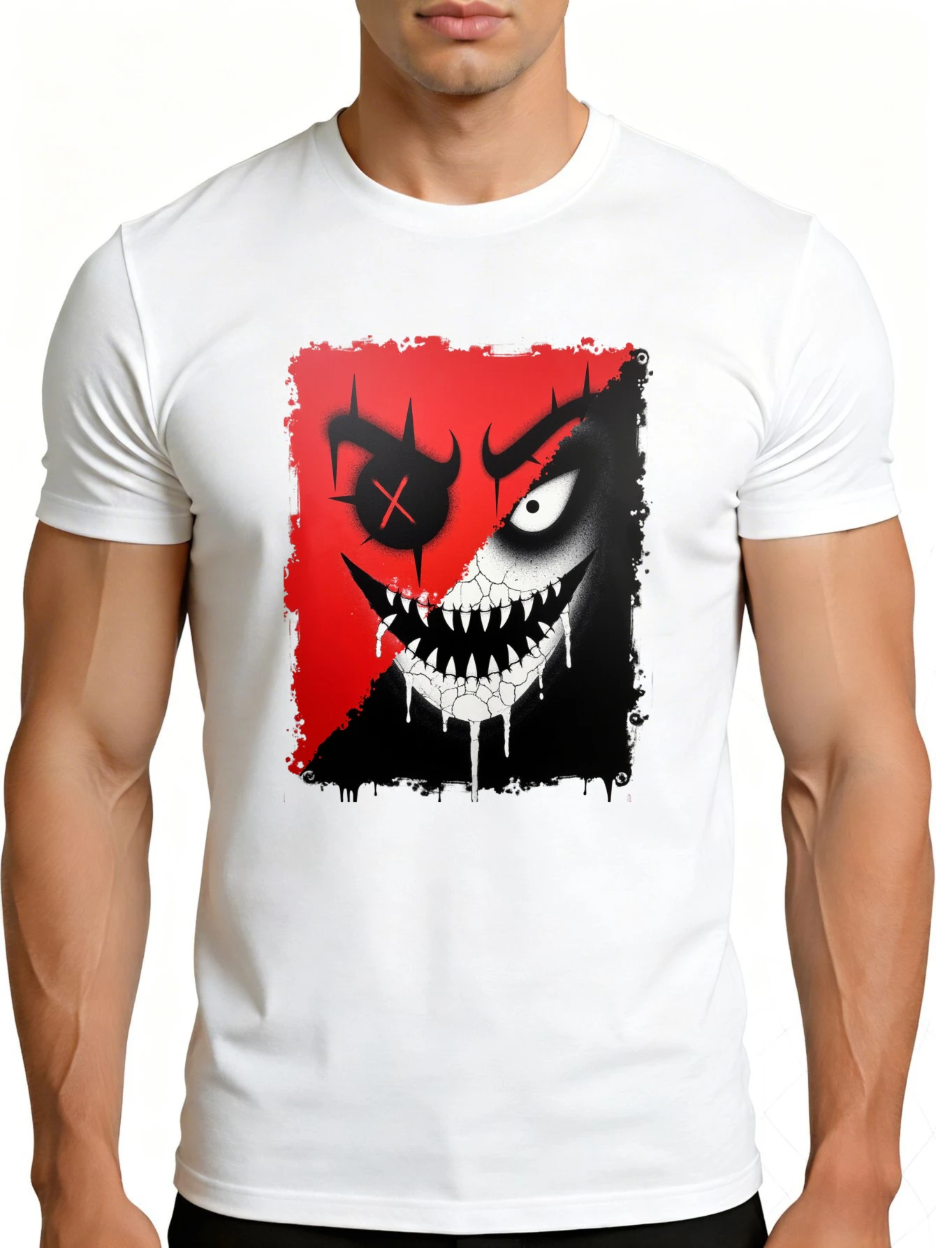 Graphic Design Men's T-Shirt with Horror Face Print, Summer Casual Wear, Suitable for Friends and Fans of Dark Art