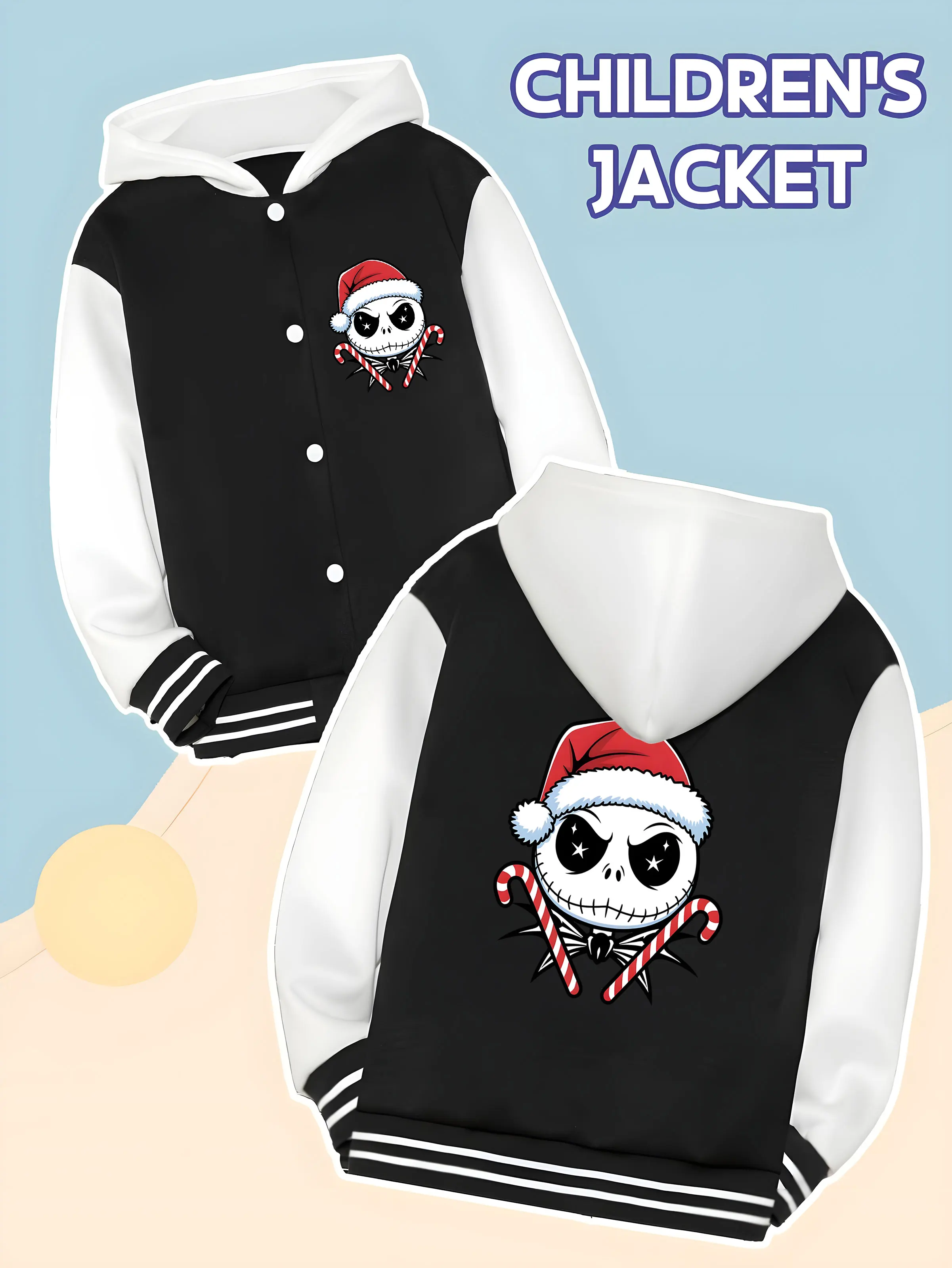 

MINISO Disney Christmas Eve Scar Candy Skull Kids' Baseball Boys' Jacket - Christmas Hat Skull with Candy Print,Casual Versatile