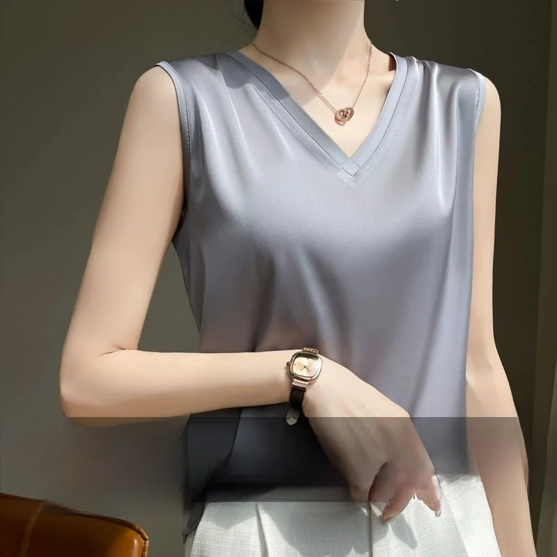 

Silk V-Ne Tank Top Women's Thin Summer New Sle Drapey Loose Svel Pure Color Commute Sle Other Material 00%