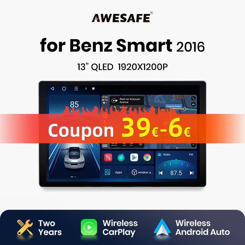 AWESAFE X7 MAX 13.1“ 2K AI Voice Wireless CarPlay Android Auto Car Radio for Mercedes Benz Smart 2016 Multimedia autoradio