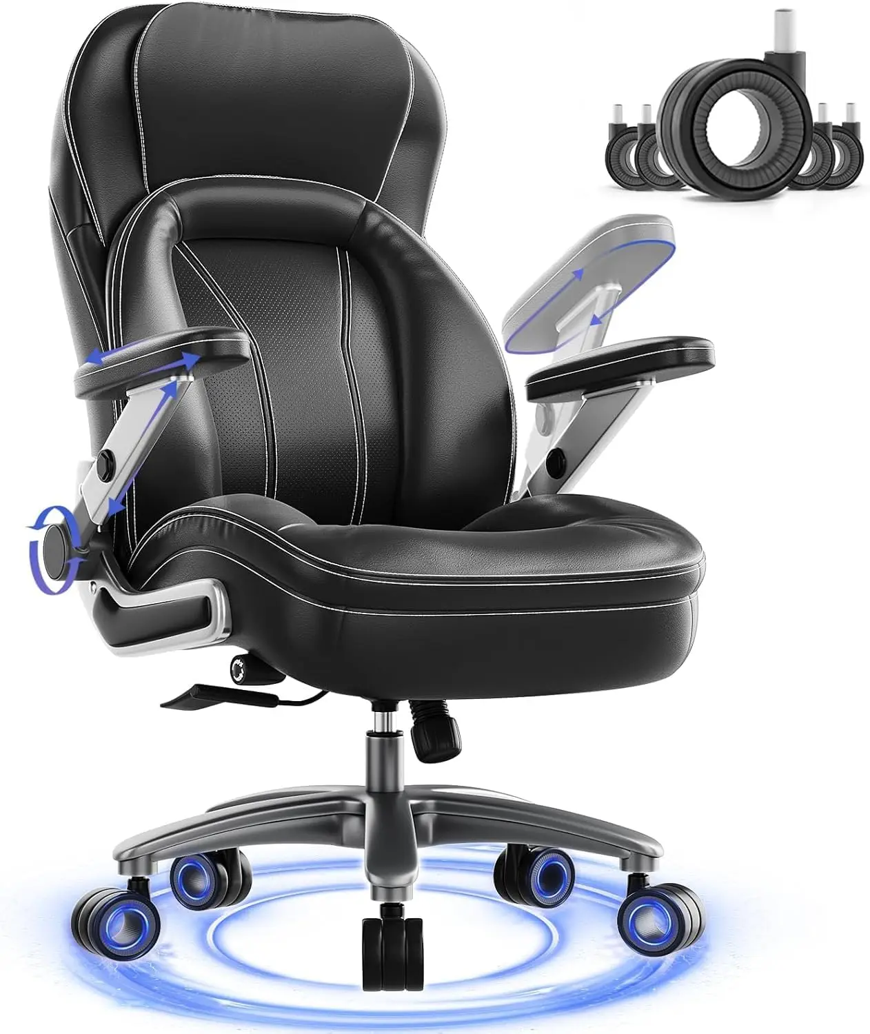 Silla de oficina grande y alta, resistente de 600 libras, silla ejecutiva ergonómica de cuero PU con lumbar ajustable, brazos 5D, ajuste de altura,