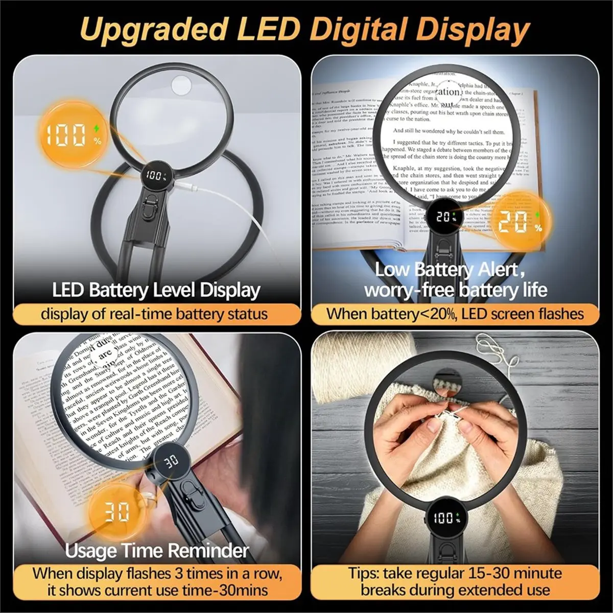 Freihändige Lupe mit Licht, 2500mAh Flache Nackenlupe mit LED-Anzeige & 3 Farblichtmodi