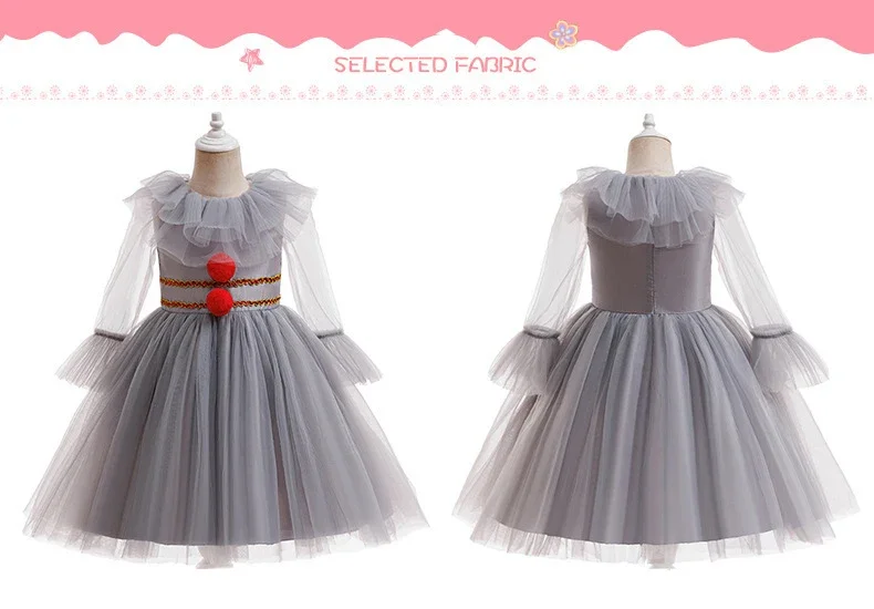 Graues Clown-Kostümkleid für kleine Mädchen mit langen transparenten Netzärmeln und roten Pompons für Kinder, Halloween, Karneval, Geburtstagsfeier. – Detail 15