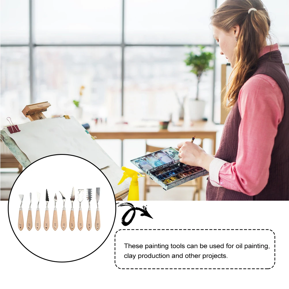 

10Pcs Metal Oil Paint Spatulas Wooden Handle Pigment Scrapers Tools Painting Scrapers Color Mixing Spatulas