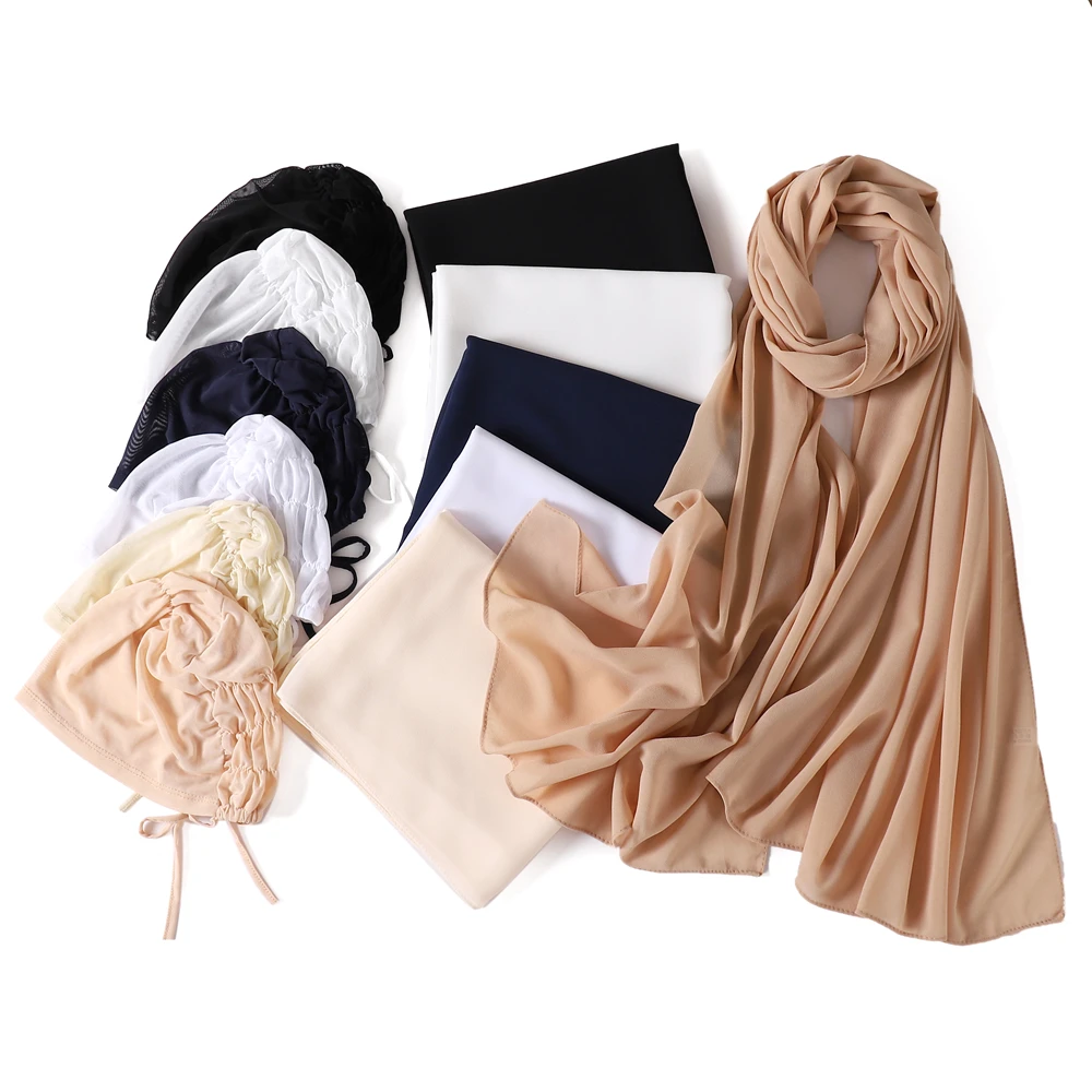 

Fashion Pearl Chiffon Scarf And Spandex Cap Sets Headscarves High Quality Solid Scarf Headband Hijab Soft Muslim Pashmina Jersey