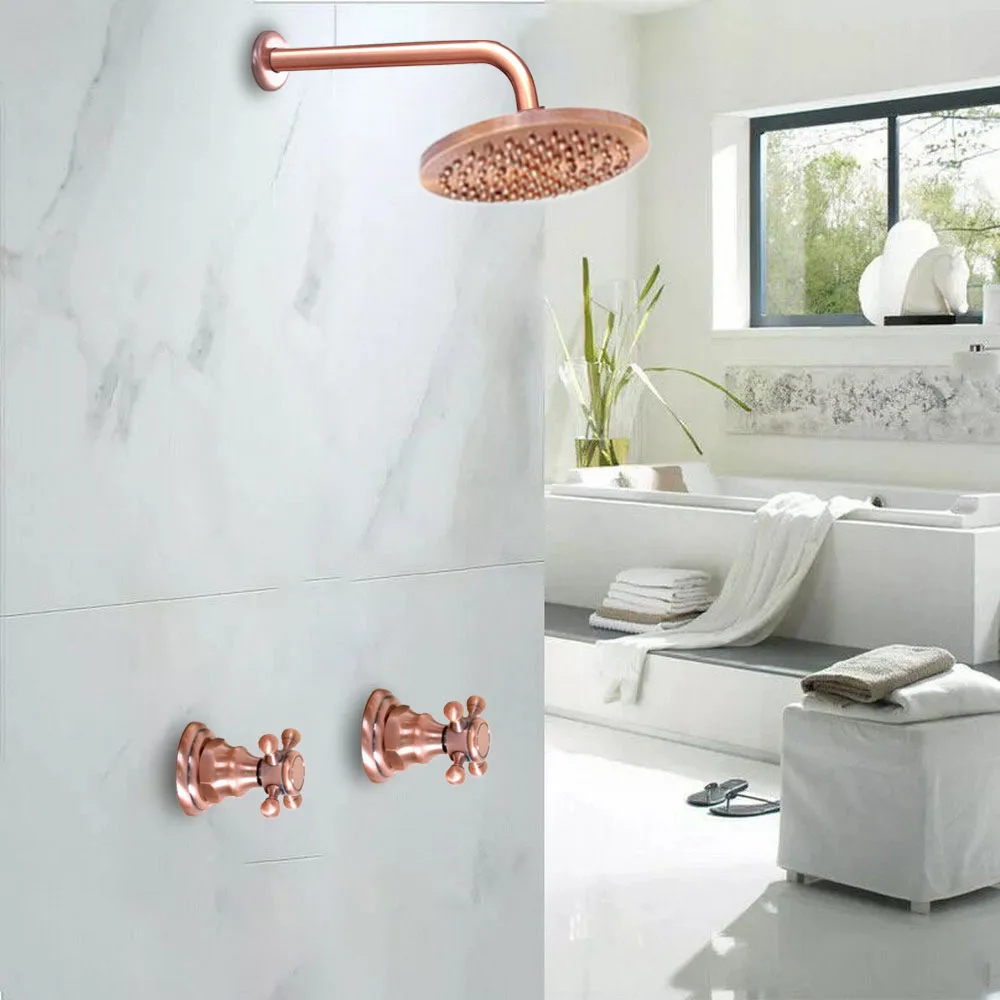 

Antique Red Copper Brass Wall Mounted Bathroom Dual Handles 8" Inch Rain Shower Head Faucet Set Bath Mixer Tap abn210