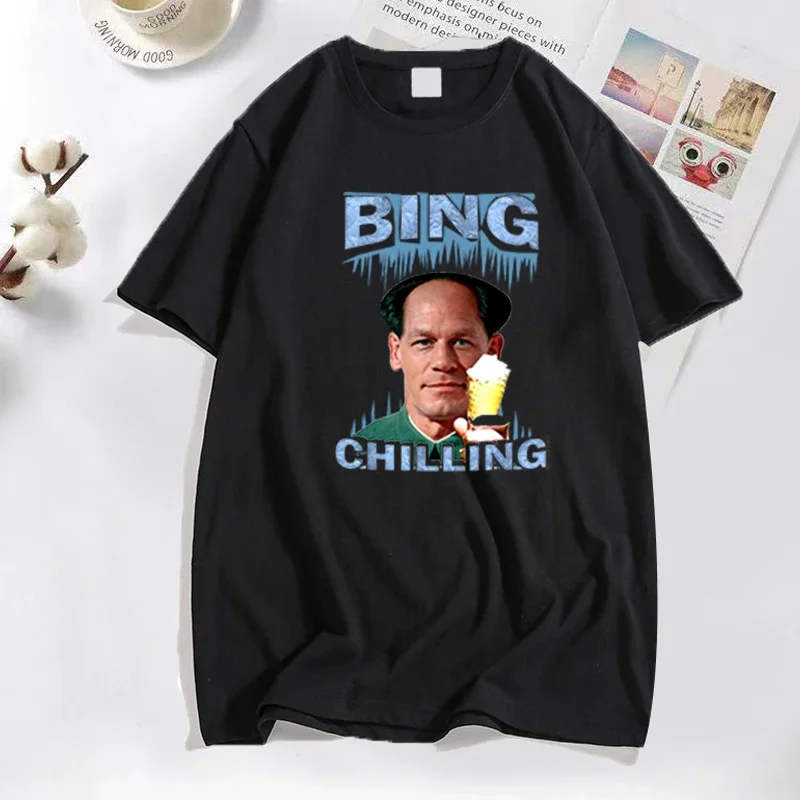 Bing Chilling Retro John Xina Ice Cream Men's T-shirt Black Cotton Summer Casual Short Sleeve Male T Shirt Funny Graphic Clothes