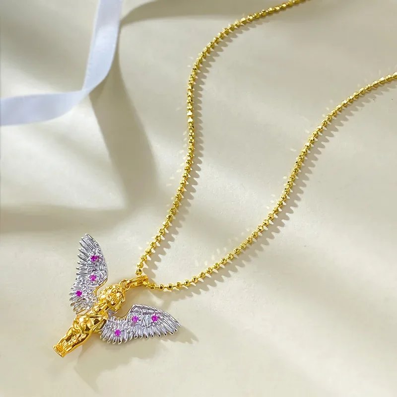 

New S925 Silver Flying Kiss Little Angel Necklace Melad Antique Style Pendant Versatile High End Jewelry
