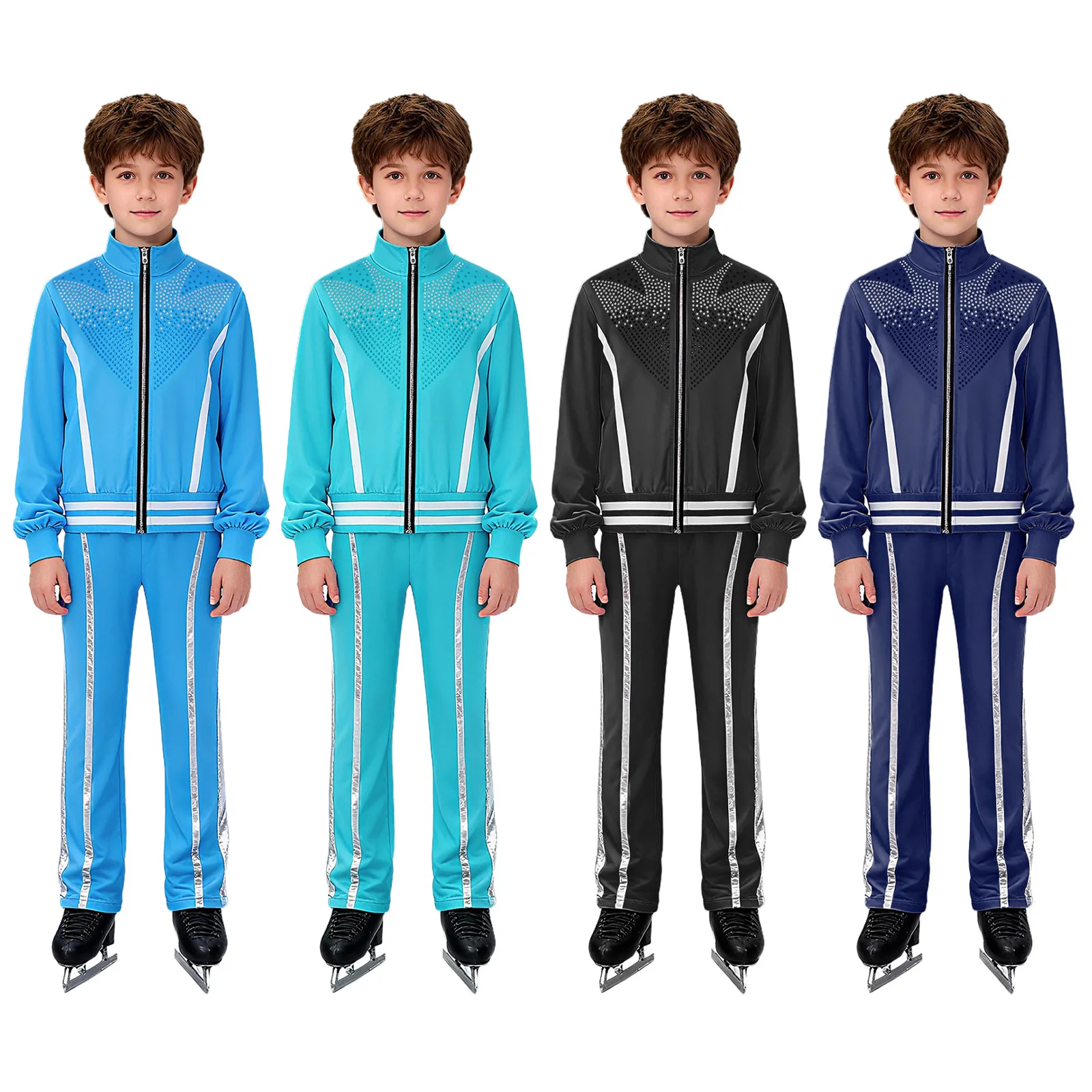 Conjuntos de patinaje artístico para niños, chándal deportivo, chaqueta con diamantes de imitación y pantalones, conjuntos para practicar actuación, espectáculo en escenario