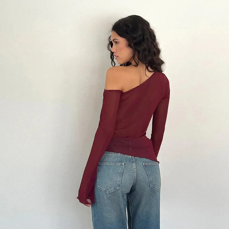 2024 New fashion style elastane casual sale shoulder gauzy off-shoulder long-sleeved t-shirt for women YJ24368SKO