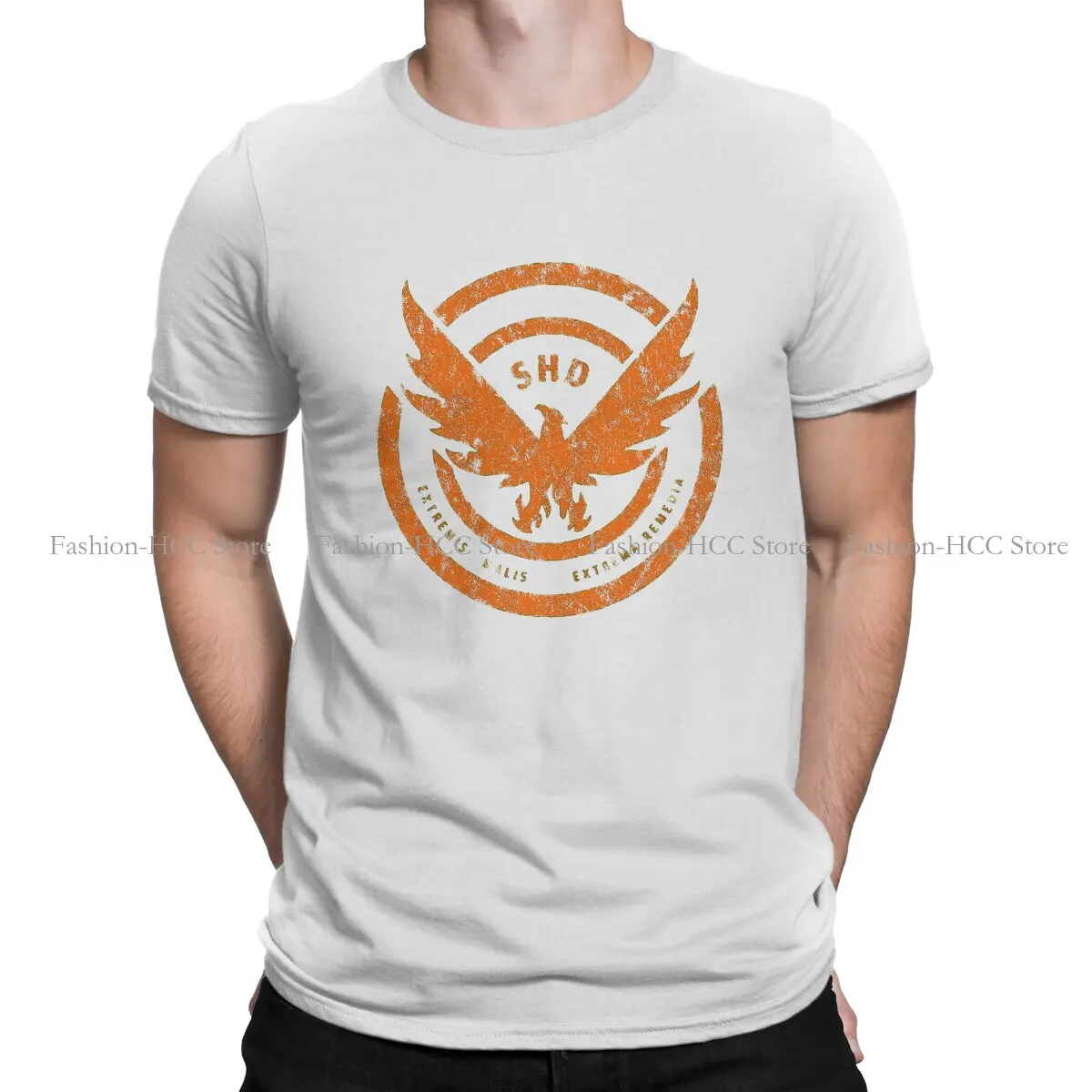 SHD Logo Distressed Orange Hip Hop Polyester TShirt The Division 2 Shd Printing Streetwear Casual T Shirt Men