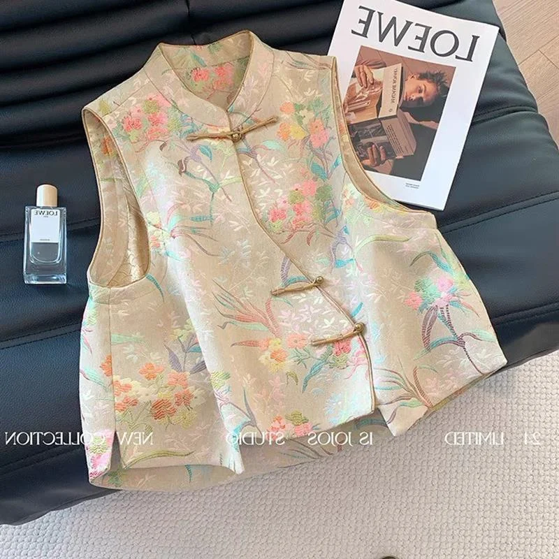 

New Chinese Style Buckle National Style Single-breasted Embroidered Vest Female Spring new High Fashion Young chic Vest Coat