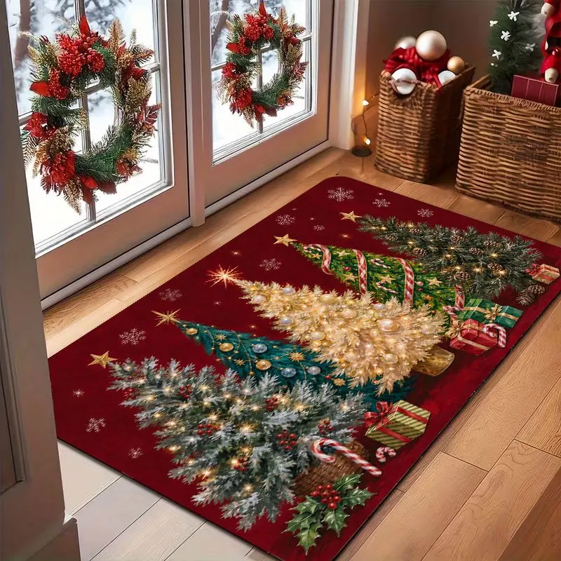 Sophisticated Dark Blue Merry Christmas Pine Branch Print Washable Durable Outdoor Doormat For Festive Patio Entrance Pad