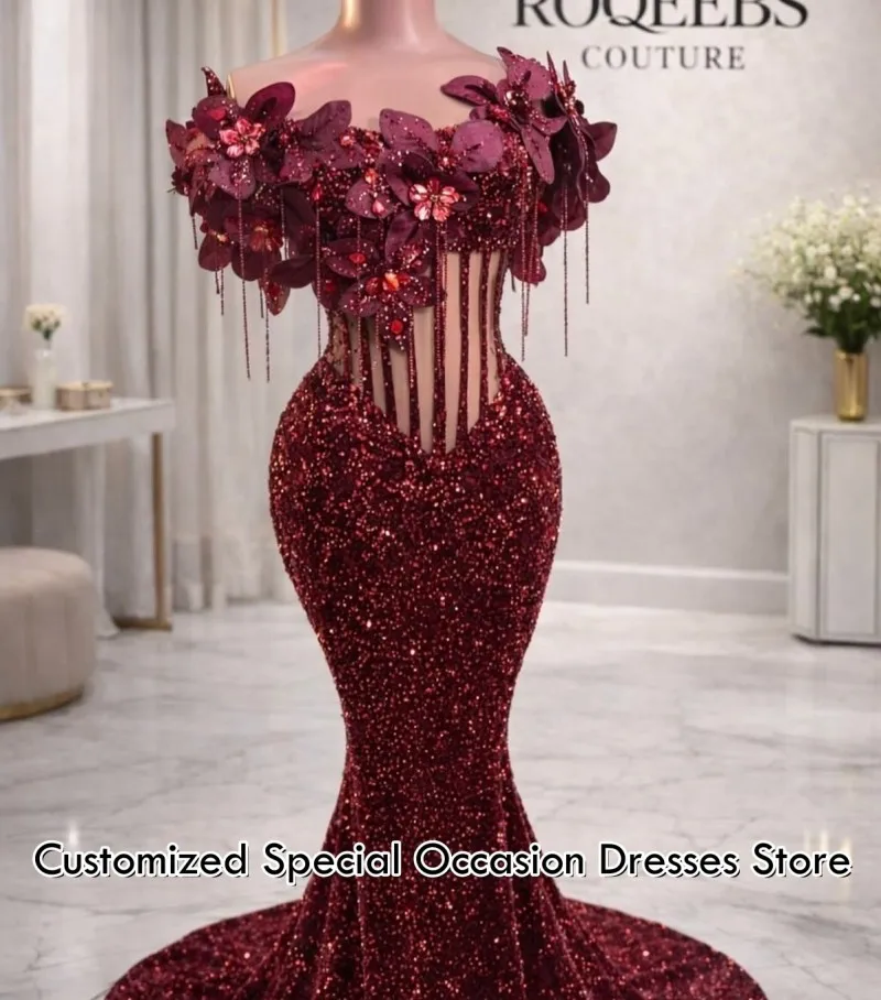

Sparkly Prom Dresses 2026 Bling Sequins Mermaid Tassel Flowers Party Dress Black Girls African Evening Gowns Customized