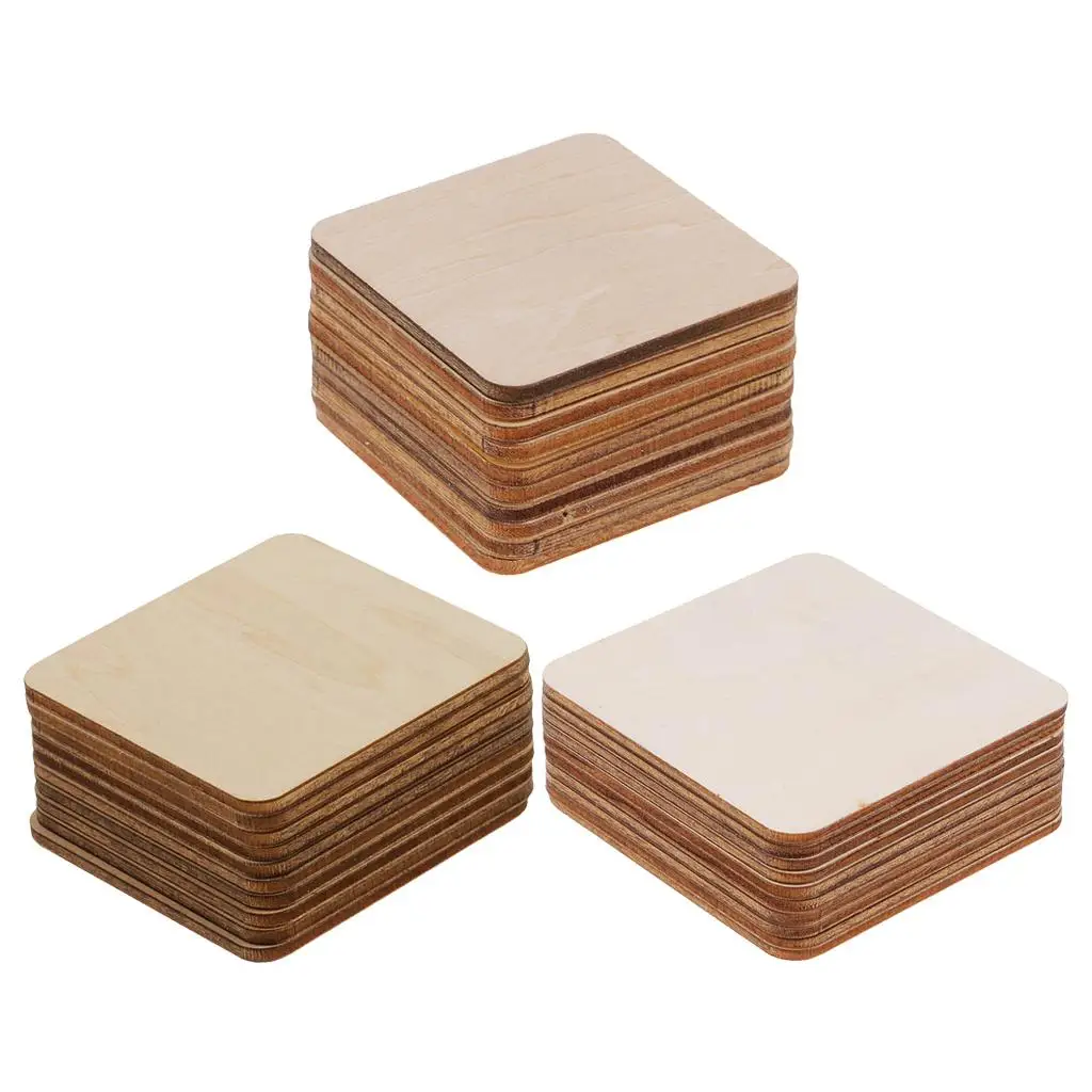 30 Pieces Square MDF Unfinished Wood Pieces Blank Plaques for DIY Craft 50x50mm, 60x60mm, 80x80mm