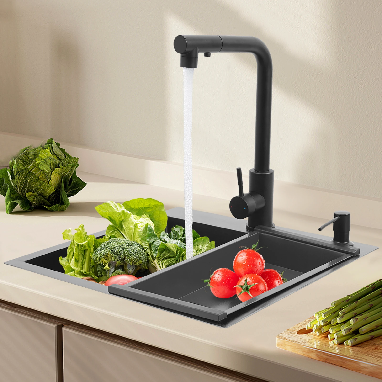 45 * 45 cm Küchenspüle, Edelstahl-Einzelschüssel-Spülbecken-Set mit ausziehbarem Wasserhahn/Abflusskorb/Seifenspender/Siphonrohr/Ventile