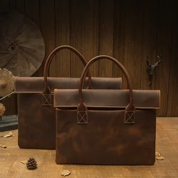 Handmade Genuine Leather Briefcase Retro Cowhide Handbag Men Casual 16 inch Laptop Bag Vintage Crazy Horse Leather Office Totes