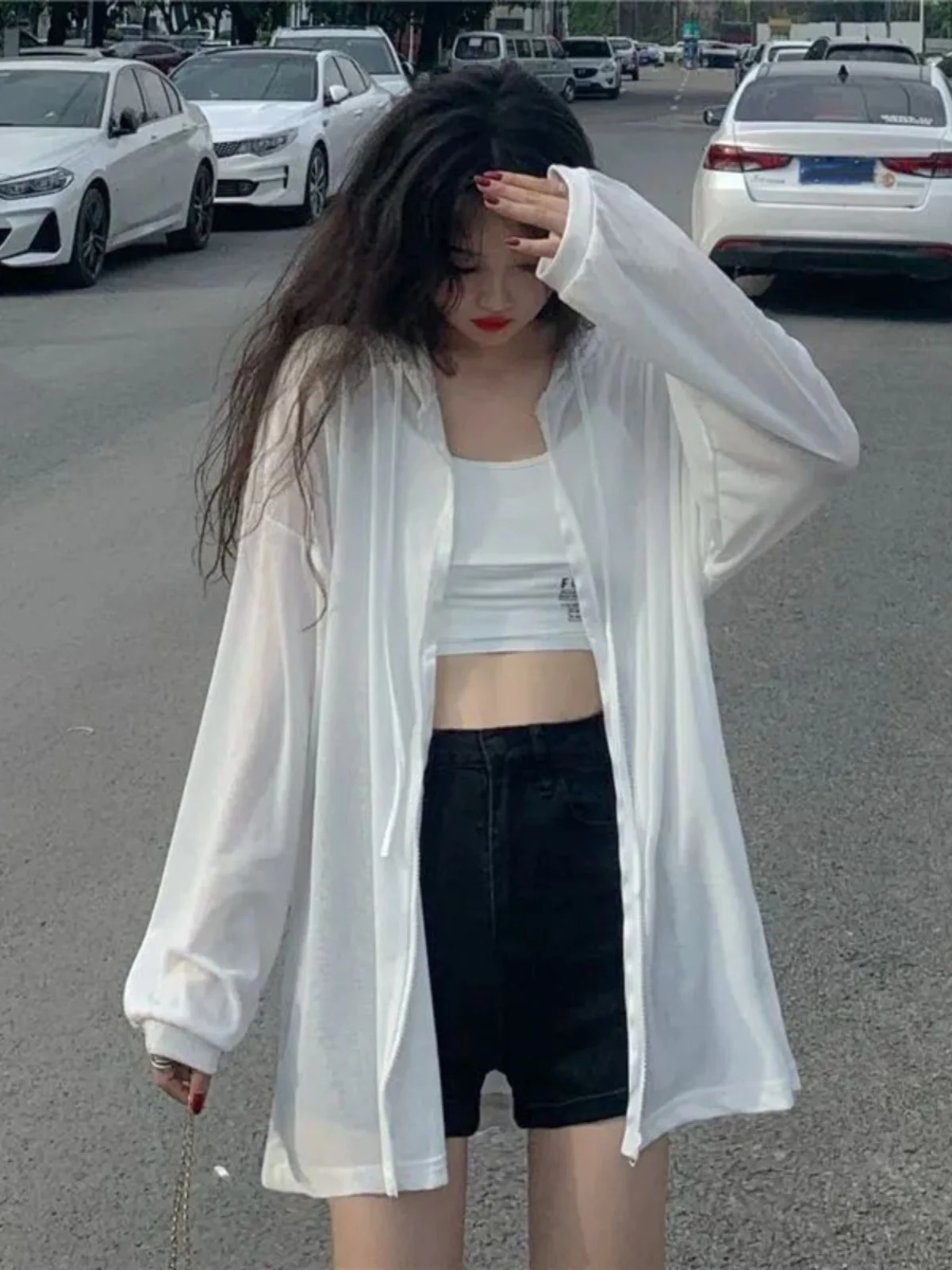 

Лето 2024, новинка, тонкая солнцезащитная верхняя одежда, кардиган, однотонный длинный све, круглая застежка-молния, поездка на работу, мода