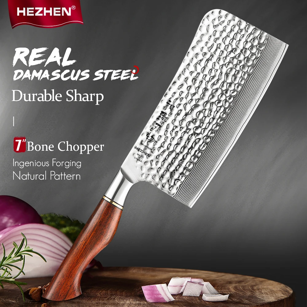 

HEZHEN 6.8 Inches Bone Chopper Knife 67 Layer Damascus Steel Cooking Knives Sharp Kitchen Cooking Slice Cutting Tools