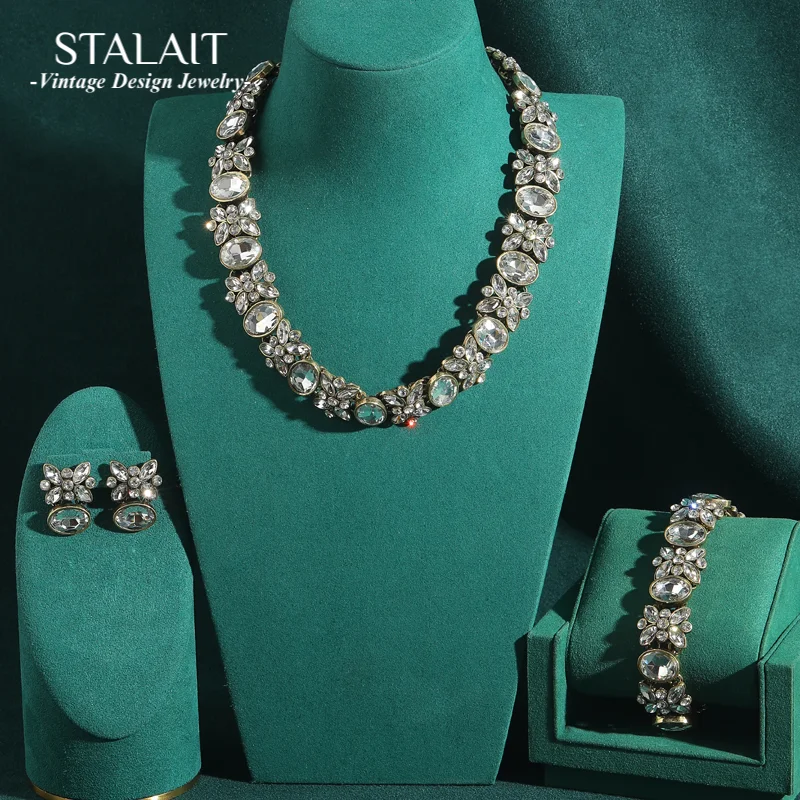 

Vintage Crystal Jewelry Set Luxury Brands Flower Choker Necklace Accessories Earrings Bracelet Women Wedding Party Christmas